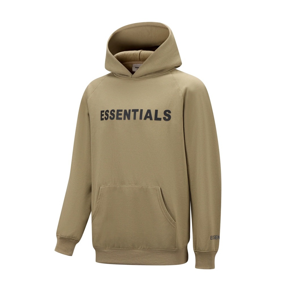 Essentials Fear of God Neutral Khaki Hoodie with Black Chest Logo Small unisex